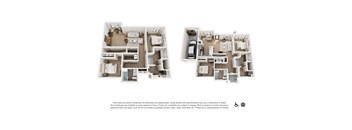 Two floor plans of an apartment with a kitchen, living room, bedrooms and bathrooms.
