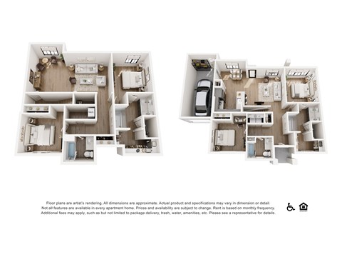 Two floor plans of an apartment with a kitchen, living room, bedrooms and bathrooms.