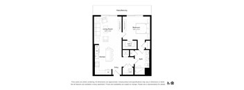 a floor plan of an apartment with 1 bedroom and 1bathroom