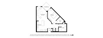 a floor plan of an apartment with 1 bedroom and 1 bathroom