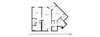 a floor plan of an apartment with 2 bedrooms and 2 bathrooms
