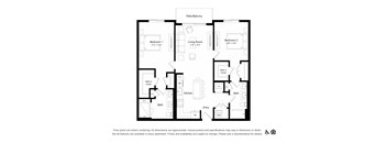 a floor plan of an apartment with 2 bedrooms and 2 bathrooms