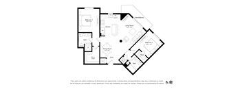 a floor plan of an apartment with 2 bedrooms and 2 bathrooms