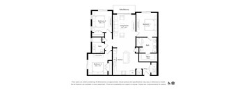 a floor plan of an apartment with 3 bedrooms and 2 bathrooms