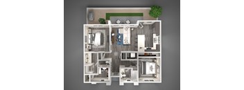 a 3d rendering of a floor plan with a bedroom and a bathroom