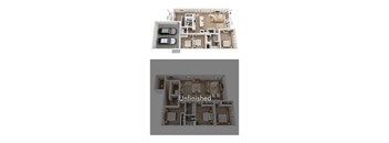 A floor plan of an unfinished apartment with a kitchen, living room, and bedrooms.