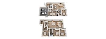 A top-down view of a two-story house with a garage and a living room with a couch and a coffee table.
