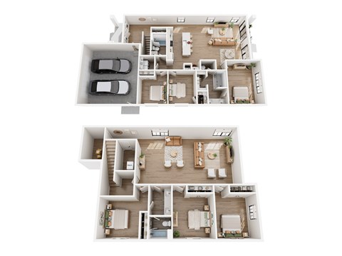 A top-down view of a two-story house with a garage and a living room with a couch and a coffee table.