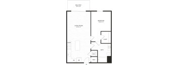 A floor plan of a house with a balcony, living room, bedroom, bathroom, pantry, and closet.