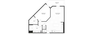 A floor plan of a house with a balcony, bedroom, living room, bathroom, closet, and other rooms.