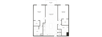A black and white image of a floor plan for a balcony, living room, dining room, kitchen, and two bedrooms.