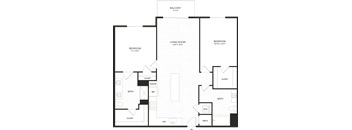A floor plan of a house with a balcony, two bedrooms, a living room, a bath, a pantry, and two closets.