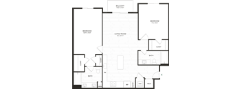 A floor plan of a house with a balcony, two bedrooms, a living room, a bathroom, a closet, a linen closet, a pantry, a laundry area, and a kitchen.