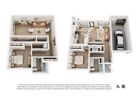 Two floor plans of a house with a kitchen, living room, and bathroom.