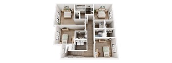 A 3D floor plan of a house with multiple rooms.