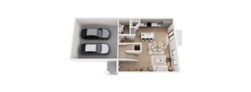 A top-down view of a modern apartment with a living room, kitchen, and two parking spaces.