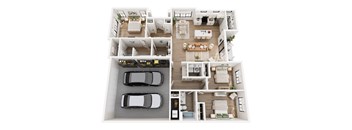 A top-down view of a house layout with two bedrooms, two bathrooms, a living room, a kitchen, a dining room, and a garage with two cars.
