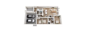 A top-down view of a modern house interior with a kitchen, living room, and two bedrooms.