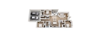 A top-down view of a house layout with a garage and multiple rooms.