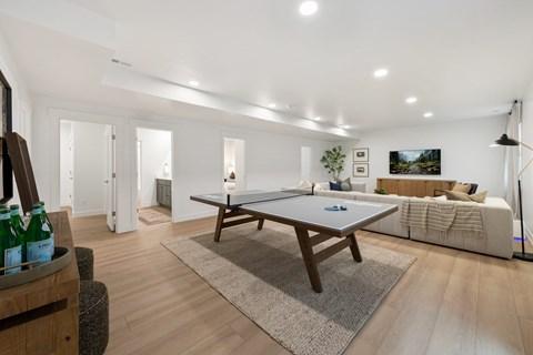 A room with a pool table and a couch.