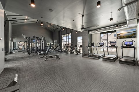A spacious gym with a variety of equipment including treadmills, weights, and exercise machines.
