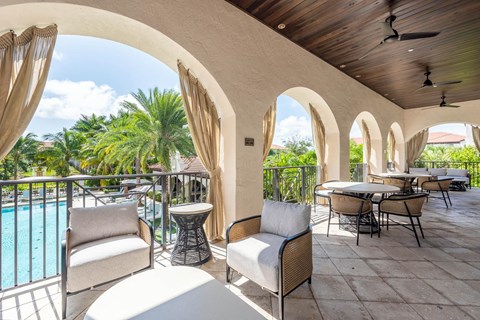 A patio with a table and chairs overlooking a pool.
