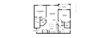 A black and white floor plan of a house with a master bedroom, great room, and balcony.