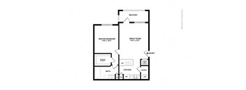 A floor plan of a home with a master bedroom, great room, balcony, bath, and laundry.
