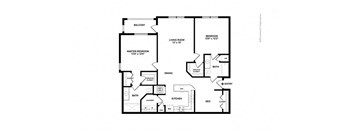 A black and white floor plan of a house with a balcony, two bedrooms, a living room, a dining area, a kitchen, a bathroom, a laundry room, and a den.