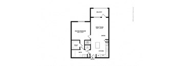 A black and white floor plan of a house with a balcony, master bedroom, great room, dining area, kitchen, bathroom, and entry.