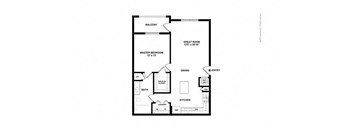 A floor plan of a home with a master bedroom, a great room, a dining area, a kitchen, a laundry room, a bathroom, and a balcony.