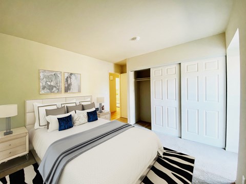 a bedroom with a large bed and a closet