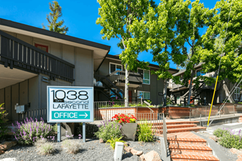 Front Sign of Apartment Building with Manicured Landscaping at 1038 on Second in Lafayette, CA