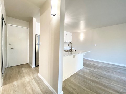 an empty living room and kitchen with white walls and wood flooring
