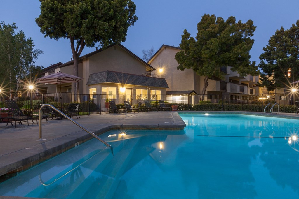 Pool View In Night Sky at Carrington Apartments, Fremont, CA, 94538