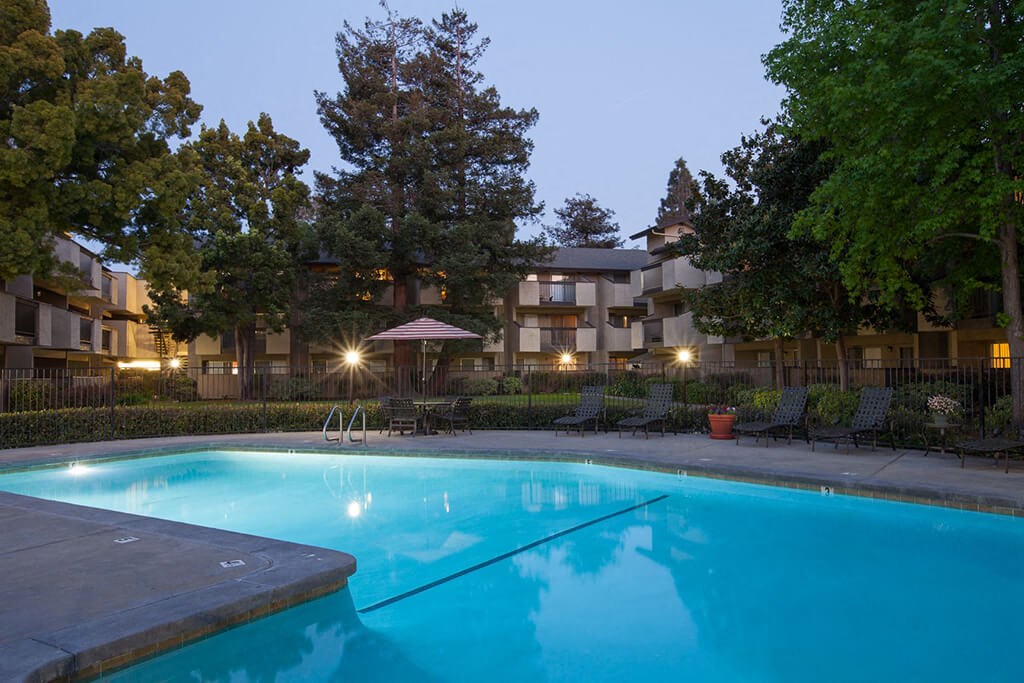 Pool View In Evening at Carrington Apartments, Fremont, California