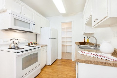 a white kitchen with a stove and a sink