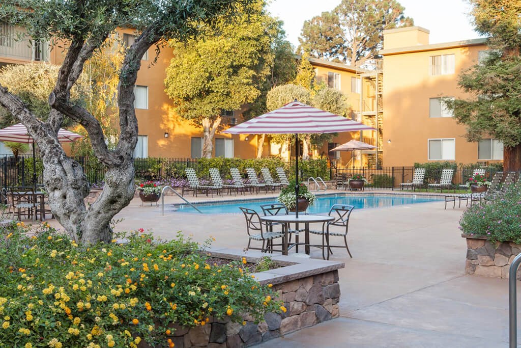 Poolside Shaded Chairs at The Monterey, San Jose, CA