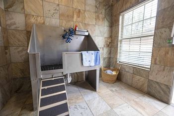 A bathroom with a tiled wall and a shower stall.