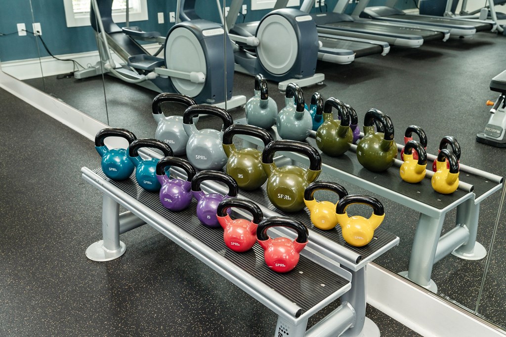 A row of kettlebells in various colors are lined up on a rack in a gym. at Concord Ridge Apartments, North Carolina
