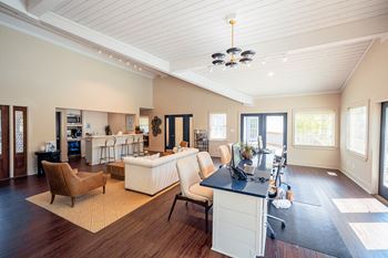 a large living room with a kitchen and a desk at Inverness Cliffs, Birmingham, AL