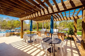a covered patio with tables and chairs and a pool at Inverness Cliffs, Alabama, 35242