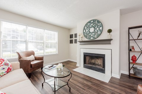 A living room with a fireplace and a couch. A living room with a fireplace and a couch. at WildForest Apartments, Birmingham, 35209