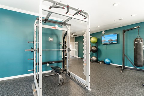 a gym with weights  at WildForest Apartments, Birmingham, 35209