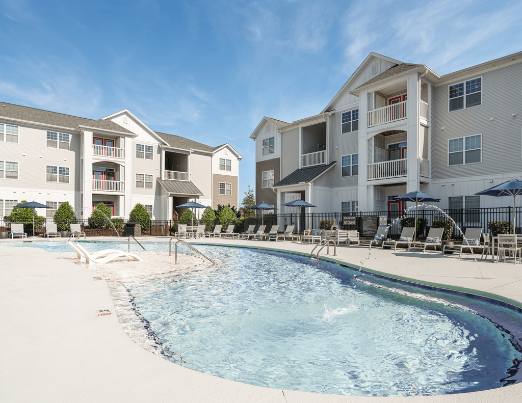 A swimming pool in front of Concord Ridge Apartments, Concord, NC.