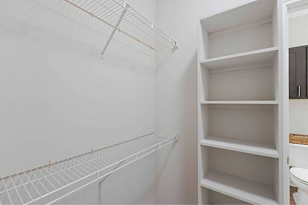 A white pantry with shelves at Pecan Springs, San Antonio, 78249