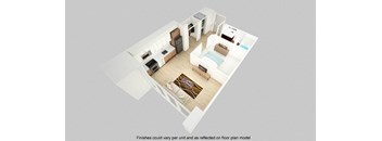 a floor plan of a small apartment with a bedroom and a bed