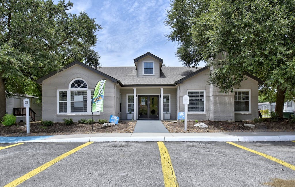 a building with a sign in front of it