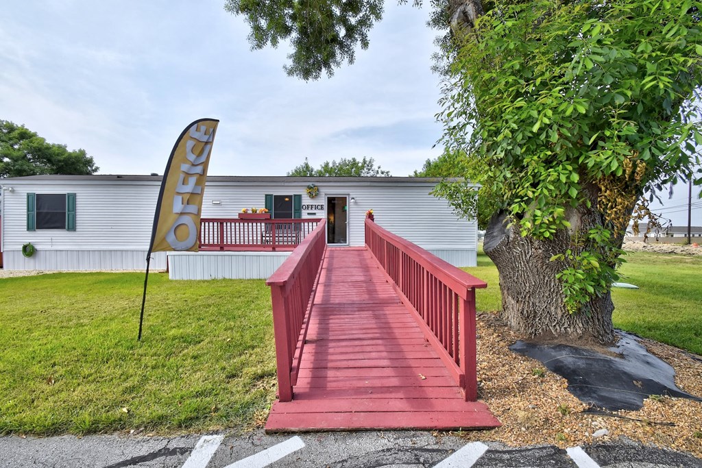 Red bridge in front of office at Country Oaks, San Antonio, TX, 78253