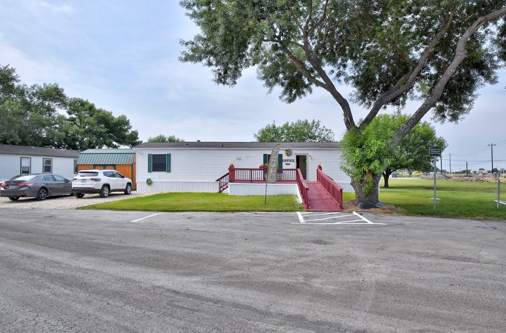 a white building with a large tree in front of it